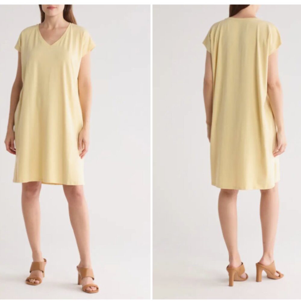 Eileen Fisher V Neck Stretch Cotton Dress in Butter Yellow